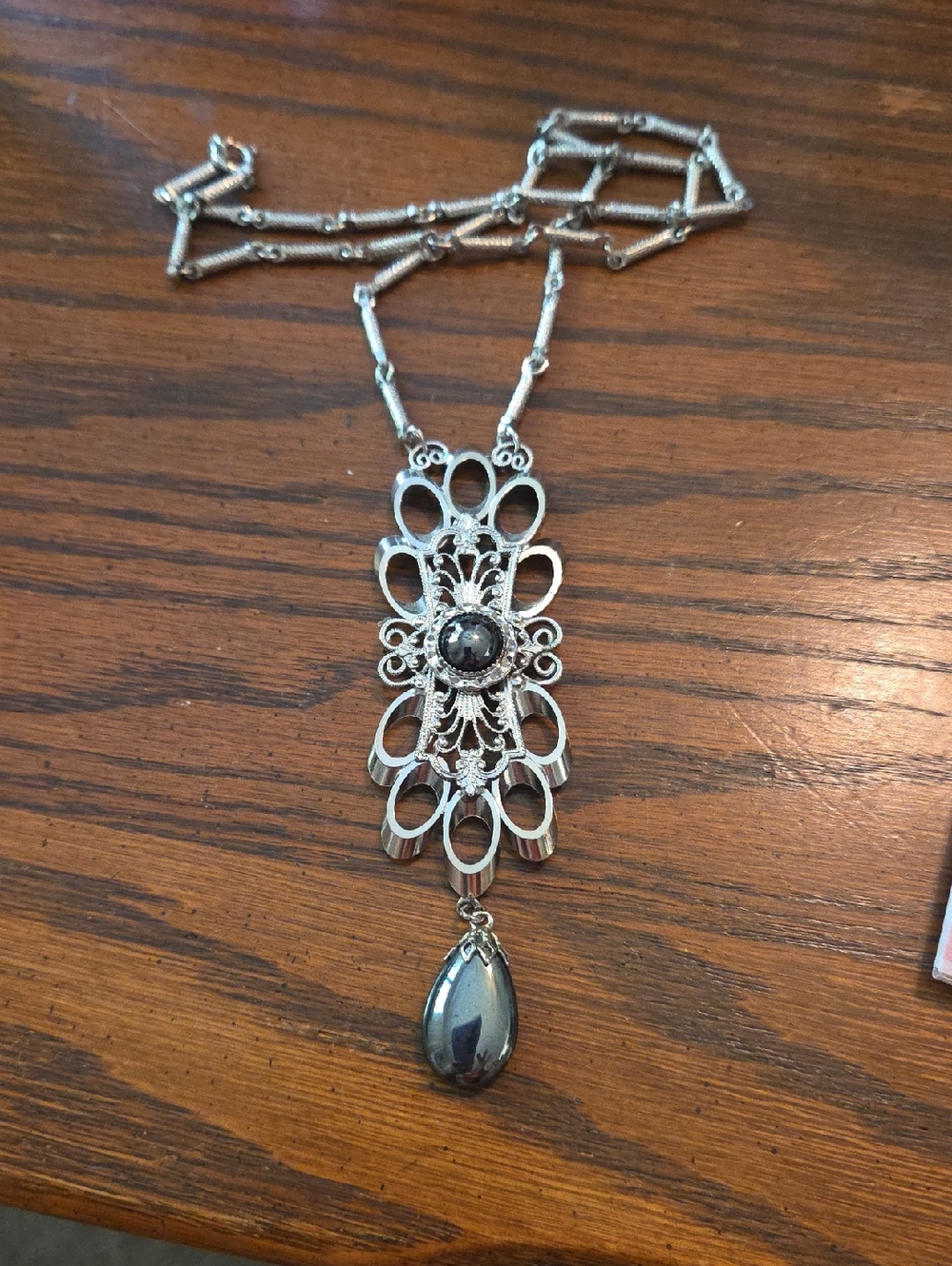 Silver-Tone Filigree Teardrop Pendant Necklace - Women Jewelry Hobe